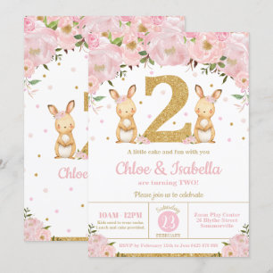Bunny Rabbit Twin Girls 2nd Birthday Twins Invitation