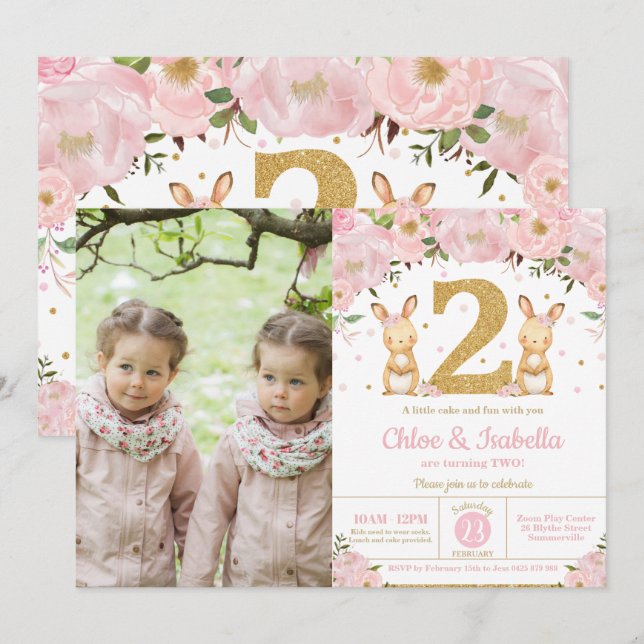 Bunny Rabbit Twin Girls 2nd Birthday Twins Photo Invitation (Front/Back)