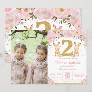 Bunny Rabbit Twin Girls 2nd Birthday Twins Photo Invitation