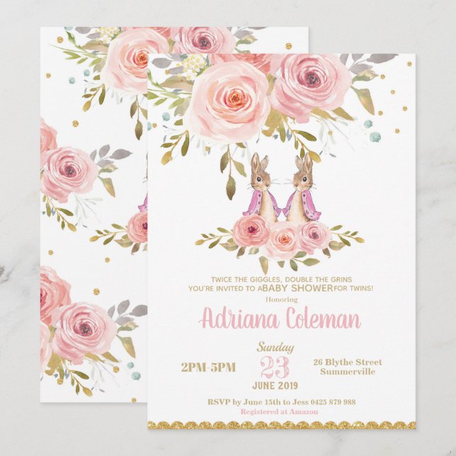 Bunny Rabbit Twin Girls Baby Shower Invitation (Front/Back)