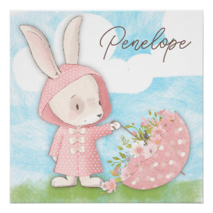 Bunny Rabbit Umbrella & Flowers Poster