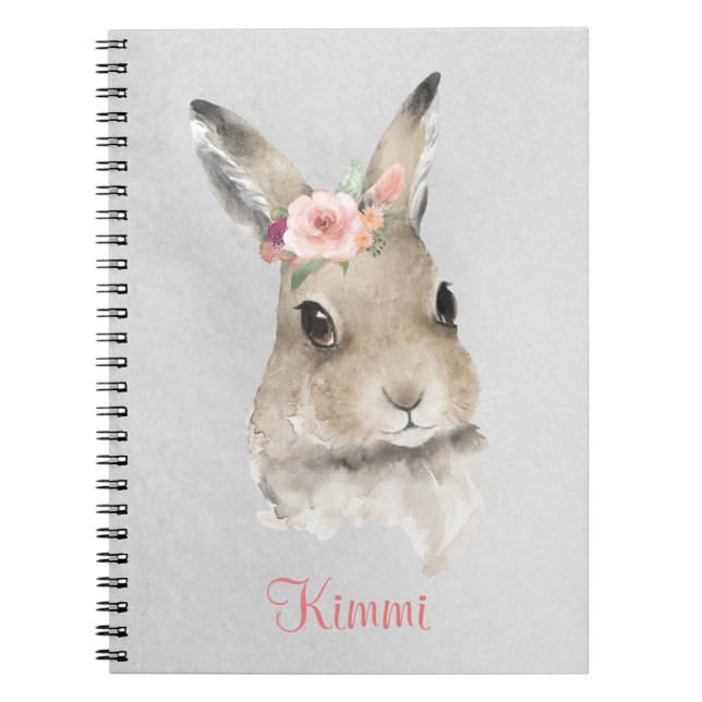 Bunny Rabbit Watercolor Floral Name Cute Grey Notebook (Front)