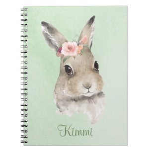 Bunny Rabbit Watercolor Green Floral Name Cute Notebook
