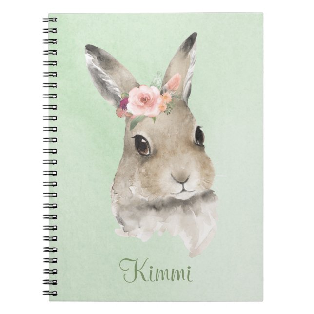 Bunny Rabbit Watercolor Green Floral Name Cute Notebook (Front)