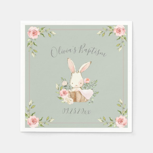 Bunny Rabbit Watercolor Sage Green Baby Shower Napkin (Front)