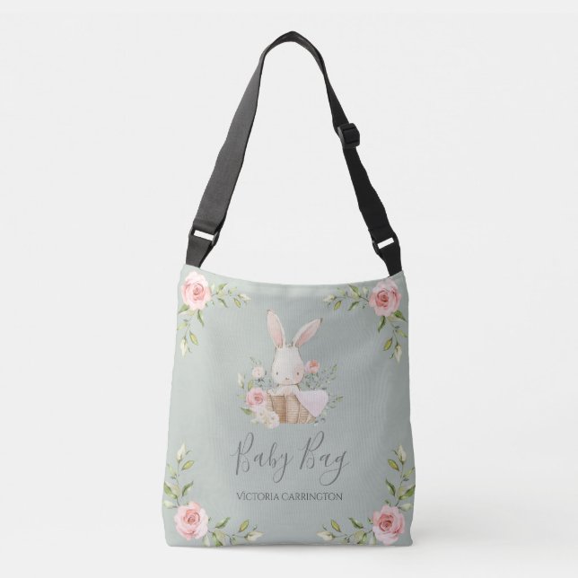Bunny Rabbit Watercolor Sage Green Personalised Crossbody Bag (Front)