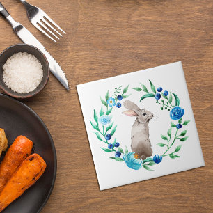 Bunny Rabbit with Blue Floral Wreath Tile
