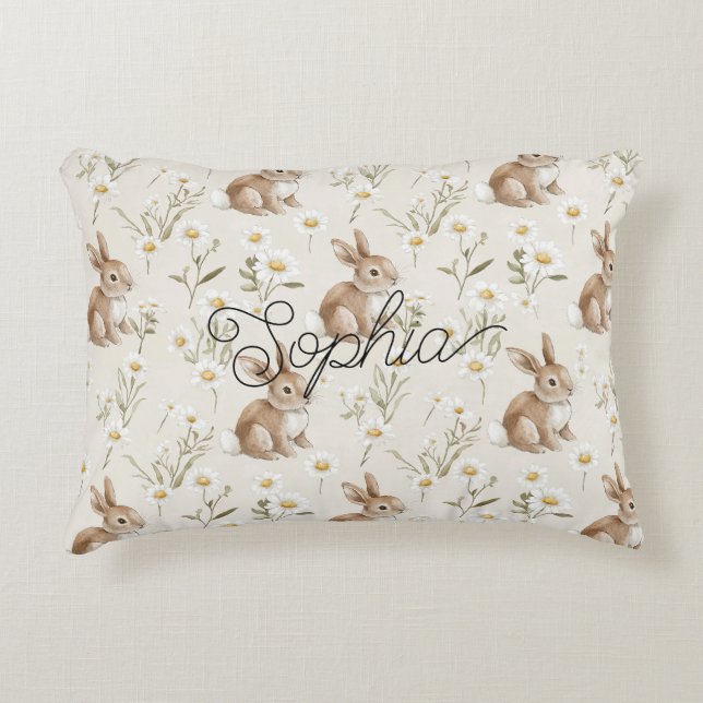 Bunny Rabbits Daisy Flowers Decorative Cushion (Front)
