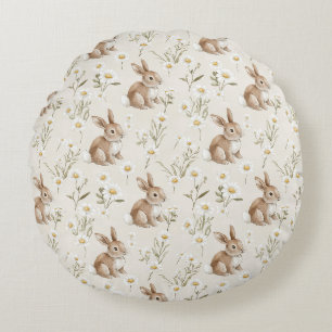 Bunny Rabbits Daisy Flowers Round Cushion
