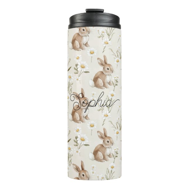 Bunny Rabbits Daisy Flowers Thermal Tumbler (Front)