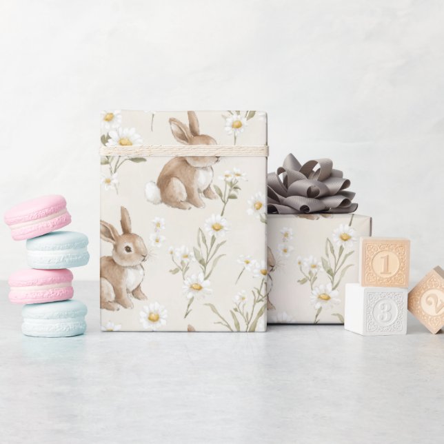 Bunny Rabbits Daisy Flowers Wrapping Paper (Baby Shower)