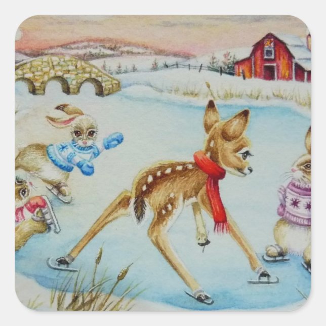 Bunny Rabbits & Fawn Ice Skating Watercolor Art Square Sticker (Front)