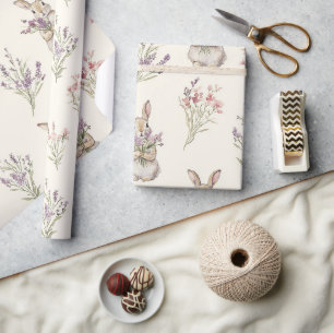 Bunny Rabbits Flowers Birthday Wrapping Paper