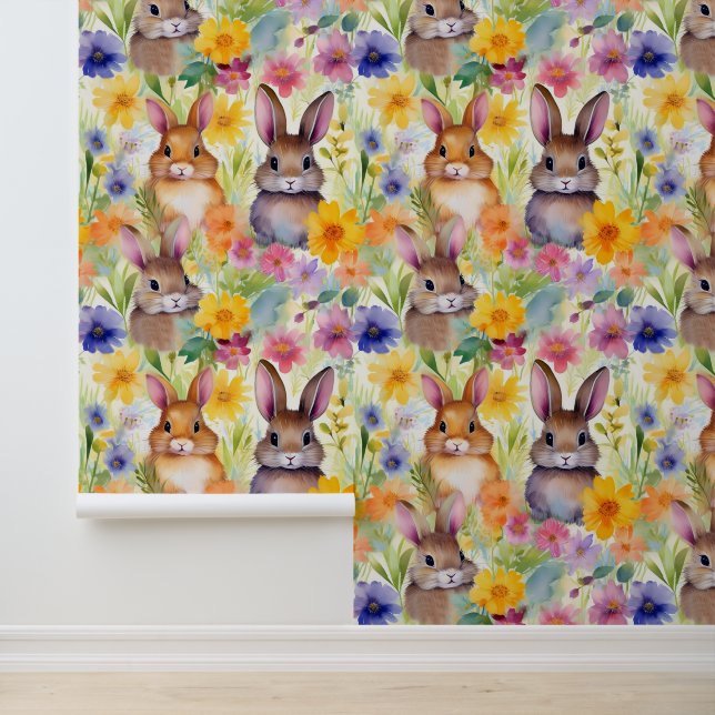 Bunny Rabbits in the Flowers Watercolor  Wallpaper (Application)