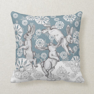 Bunny Rabbits & Snowflakes Blue Winter Christmas Cushion