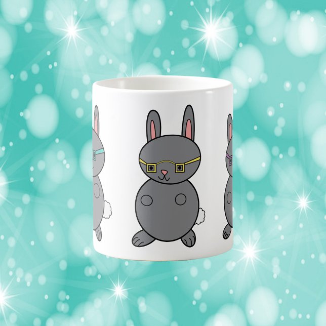 Bunny Rabbits Wearing Glasses Hipsters Coffee Mug (A cute mug with three gray bunny rabbits wearing glasses.)