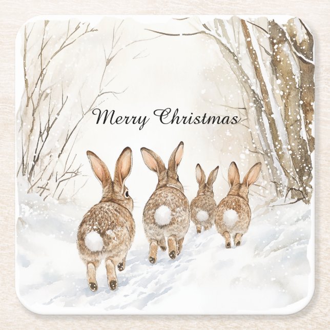 Bunny Rabbits Woods Christmas Square Paper Coaster (Front)