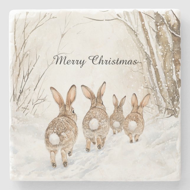 Bunny Rabbits Woods Christmas Stone Coaster (Front)