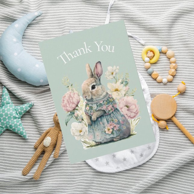 Bunny RabbitWatercolor Green Baby Shower Thank You Card (Creator Uploaded)