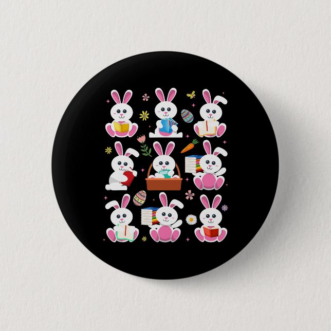 Bunny Reading Book Easter Rabbit Bookworm Reader B 6 Cm Round Badge (Front)