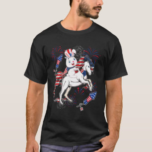 Bunny Ridding Horse American Flag Fireworks Farmer T-Shirt