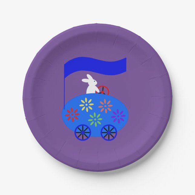 Bunny Riding Egg Car #1 Paper Plates (Front)