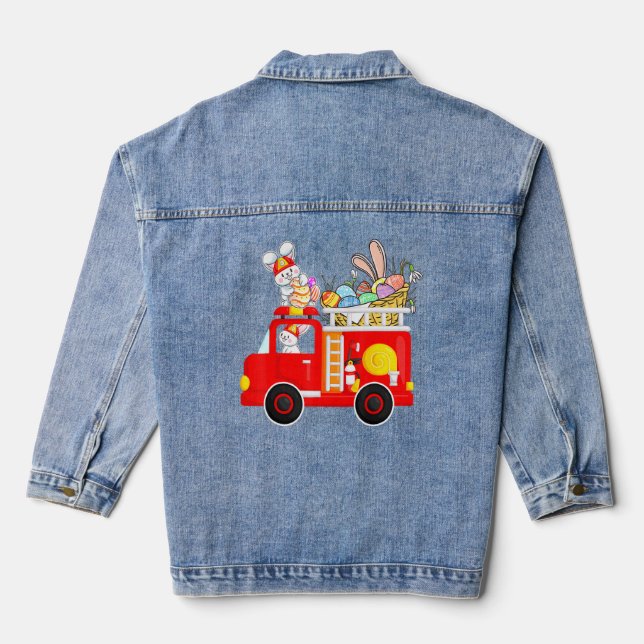 Bunny Riding Firetruck Easter Day Bunny Firetruck  Denim Jacket (Back)