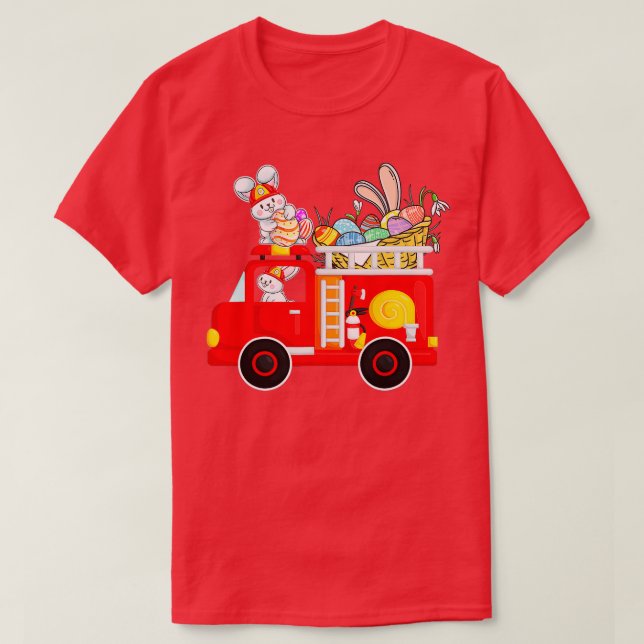 Bunny Riding Firetruck Easter Day Bunny Firetruck  T-Shirt (Design Front)