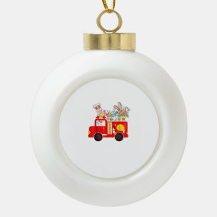 Bunny Riding Firetruck Easter Day Firefighter Happ Ceramic Ball Christmas Ornament