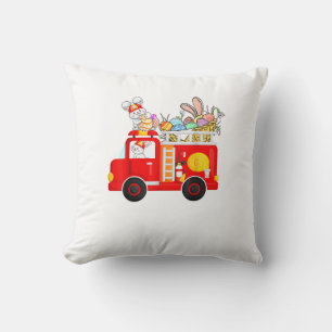 Bunny Riding Firetruck Easter Day Firefighter Happ Cushion