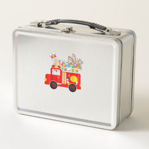 Bunny Riding Firetruck Easter Day Firefighter Happ Metal Lunch Box