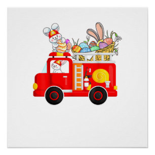 Bunny Riding Firetruck Easter Day Firefighter Happ Poster