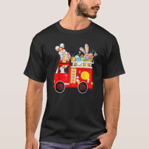 Bunny Riding Firetruck Easter Day Firefighter Happ T-Shirt
