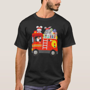 Bunny Riding Firetruck Easter Day For Kid Boy Girl T-Shirt