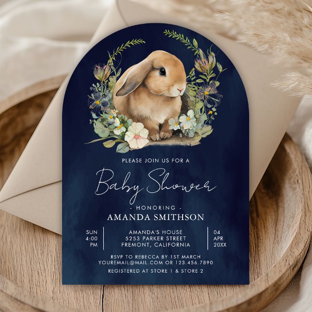 Bunny Sage Green Floral Navy Blue Arch Baby Shower Invitation (Creator Uploaded)