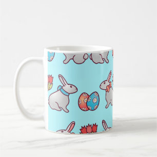 Bunny seamless pattern with easter eggs and a bouq coffee mug