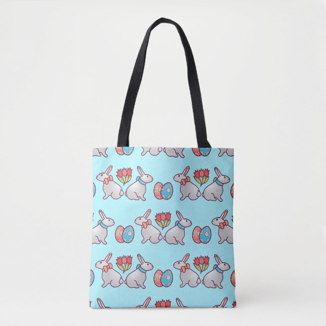 Bunny seamless pattern with easter eggs and a bouq tote bag (Front)
