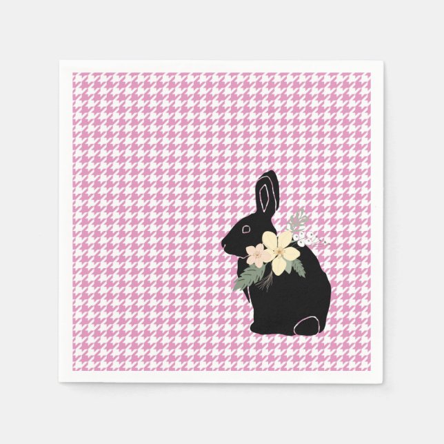 Bunny Silhouette Flowers Pink Houndstooth Easter Napkin (Front)