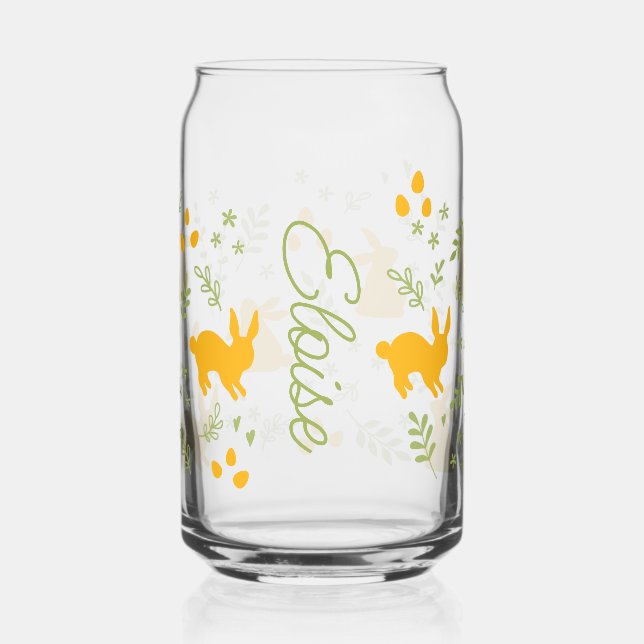 Bunny Silhouette & Greenery Pattern Personalised Can Glass (Front)