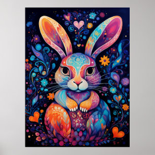 Bunny sitting down flowers hearts poster