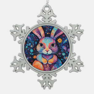 Bunny sitting down flowers hearts snowflake pewter christmas ornament