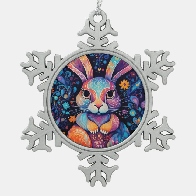 Bunny sitting down flowers hearts snowflake pewter christmas ornament (Front)