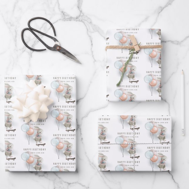 Bunny Skateboard Birthday Wrapping Paper Sheets (Front)