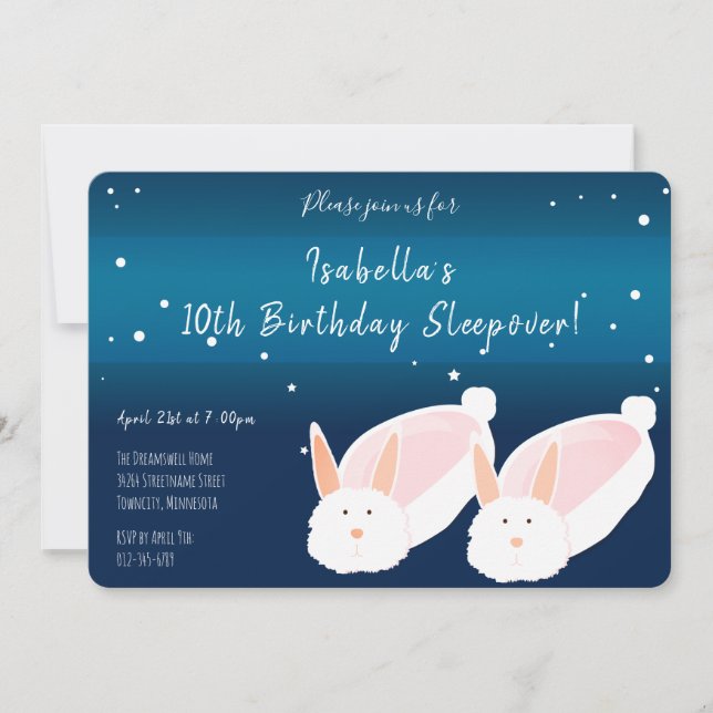 Bunny Slippers Blue Background Birthday Sleepover Invitation (Front)