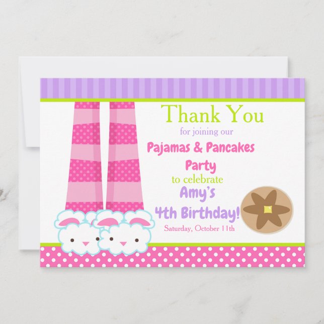 Bunny Slippers Pyjamas & Pancakes Birthday Party Thank You Card (Front)