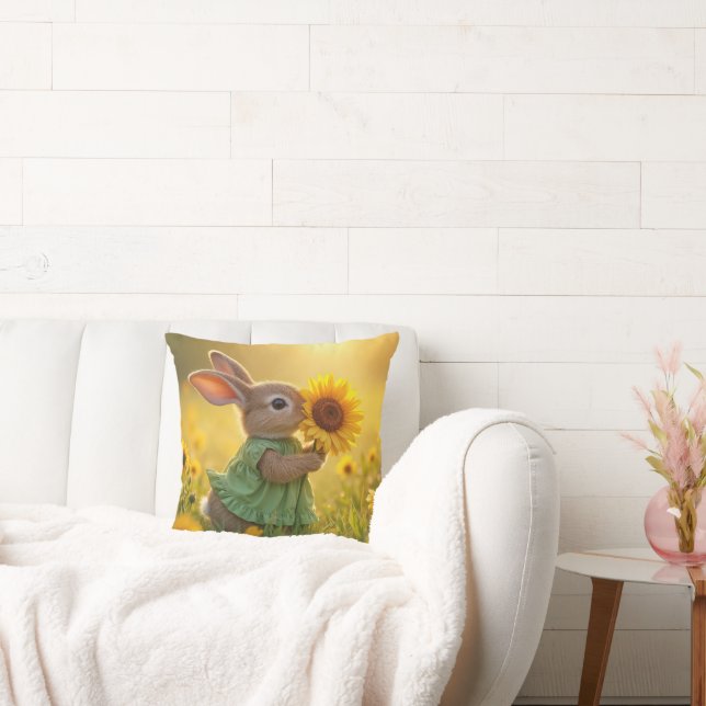 Bunny Sniffing a Yellow Sunflower Cushion (Couch)