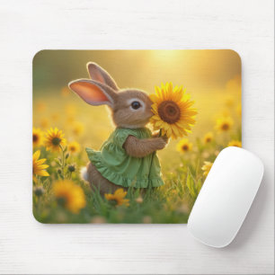 Bunny Sniffing a Yellow Sunflower Mouse Mat