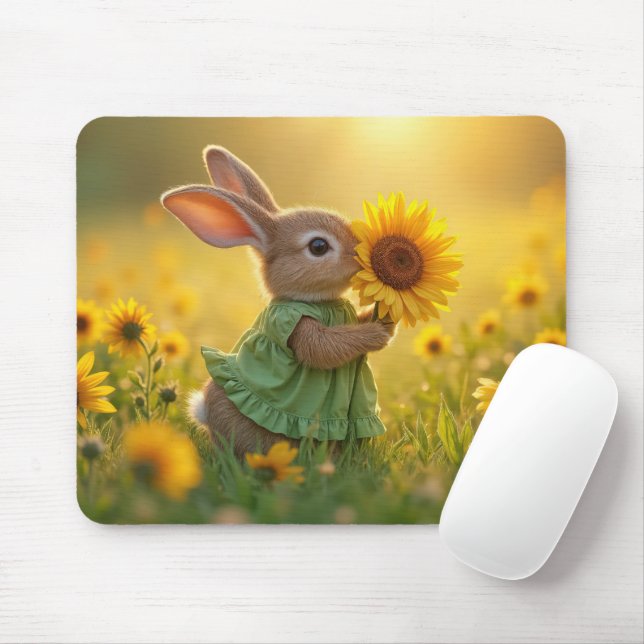 Bunny Sniffing a Yellow Sunflower Mouse Mat (With Mouse)