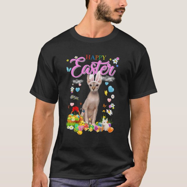 Bunny Sphynx Cat Happy Easter Eggs T-Shirt (Front)