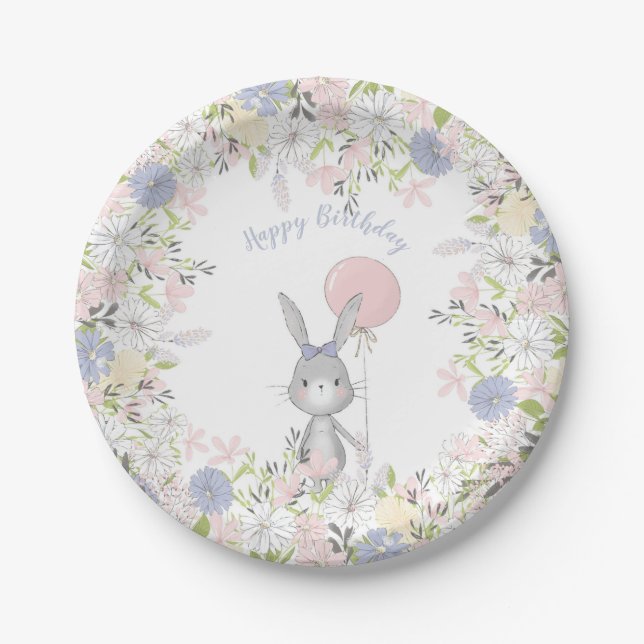 Bunny spring floral birthday party plates (Front)